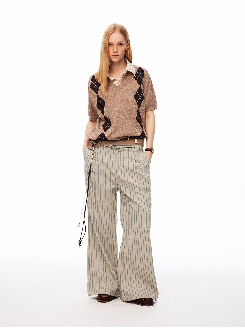 MADWITCH VINTAGE STRIPED BELTED WIDE-LEG TROUSERS #AW26170
