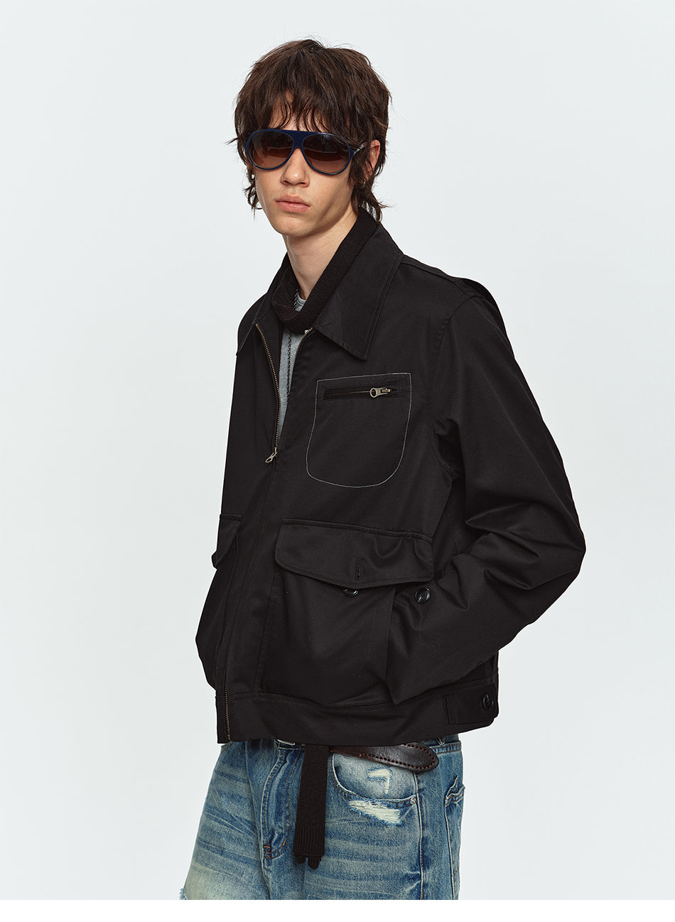 MADWITCH CONTRAST-STITCH MULTI-POCKET COLLARED UTILITY JACKET #GPCW1379