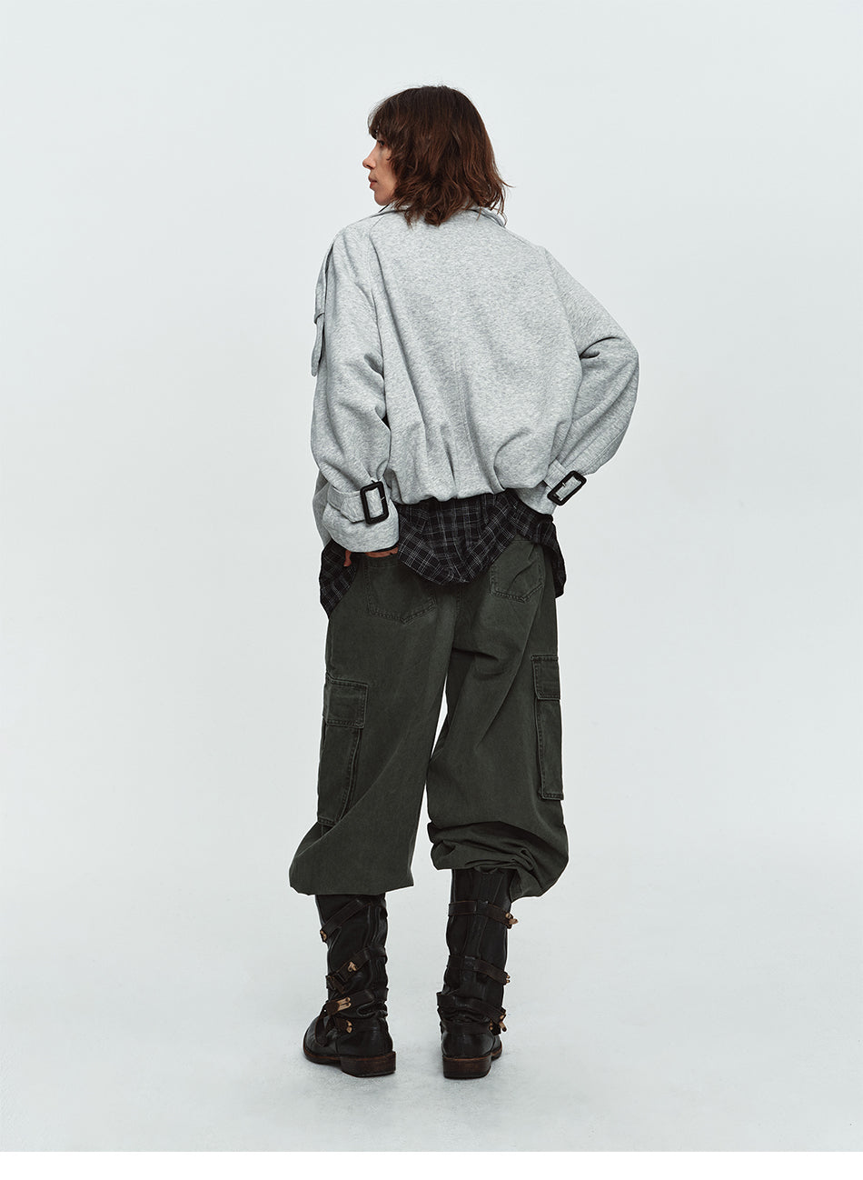 MADWITCH PLEATED WASHED CARGO WIDE-LEG TROUSERS #7621