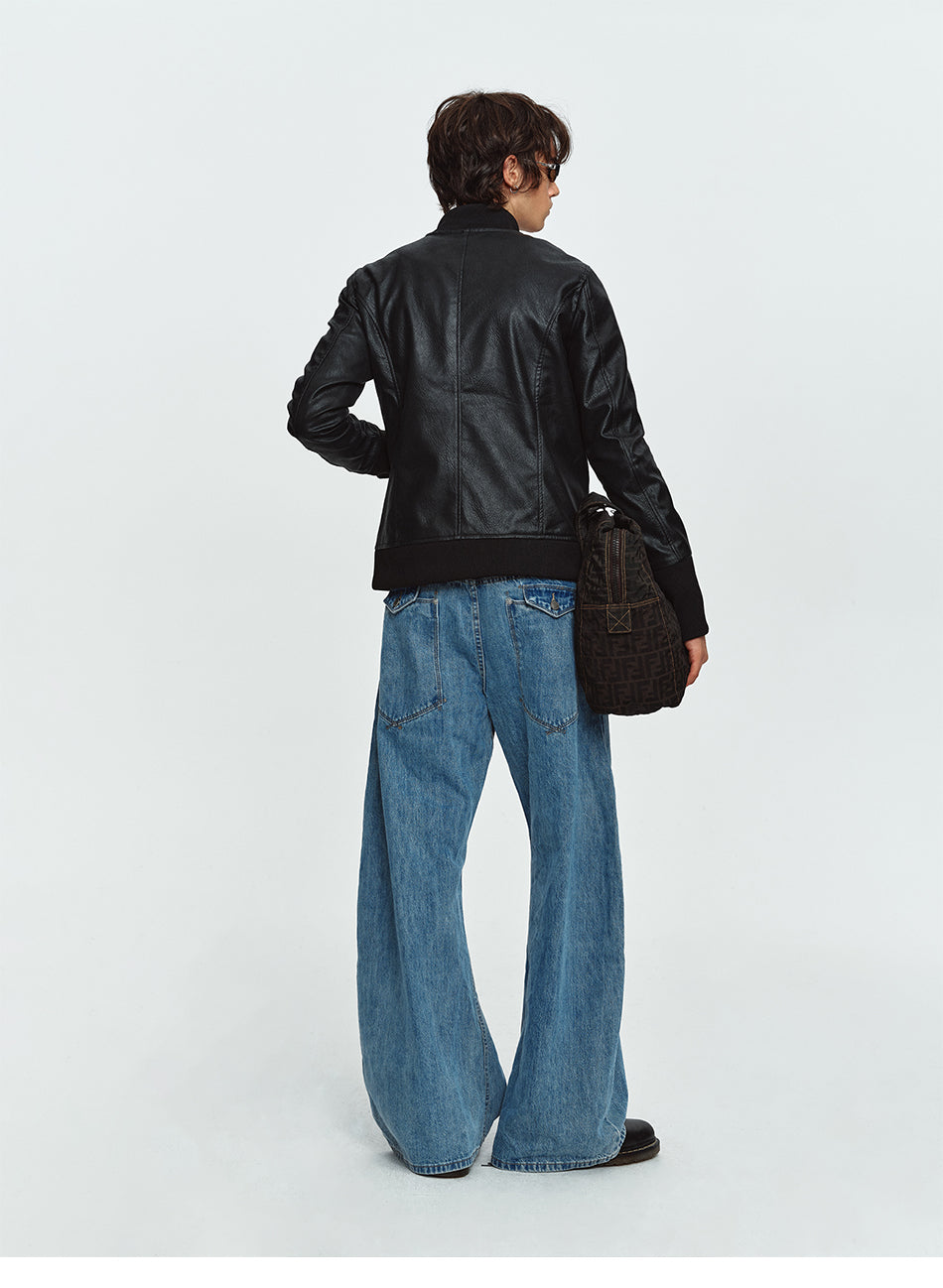 MADWITCH ASYMMETRICAL-ZIP STAND-COLLAR FAUX-LEATHER MOTO JACKET #CW1373N