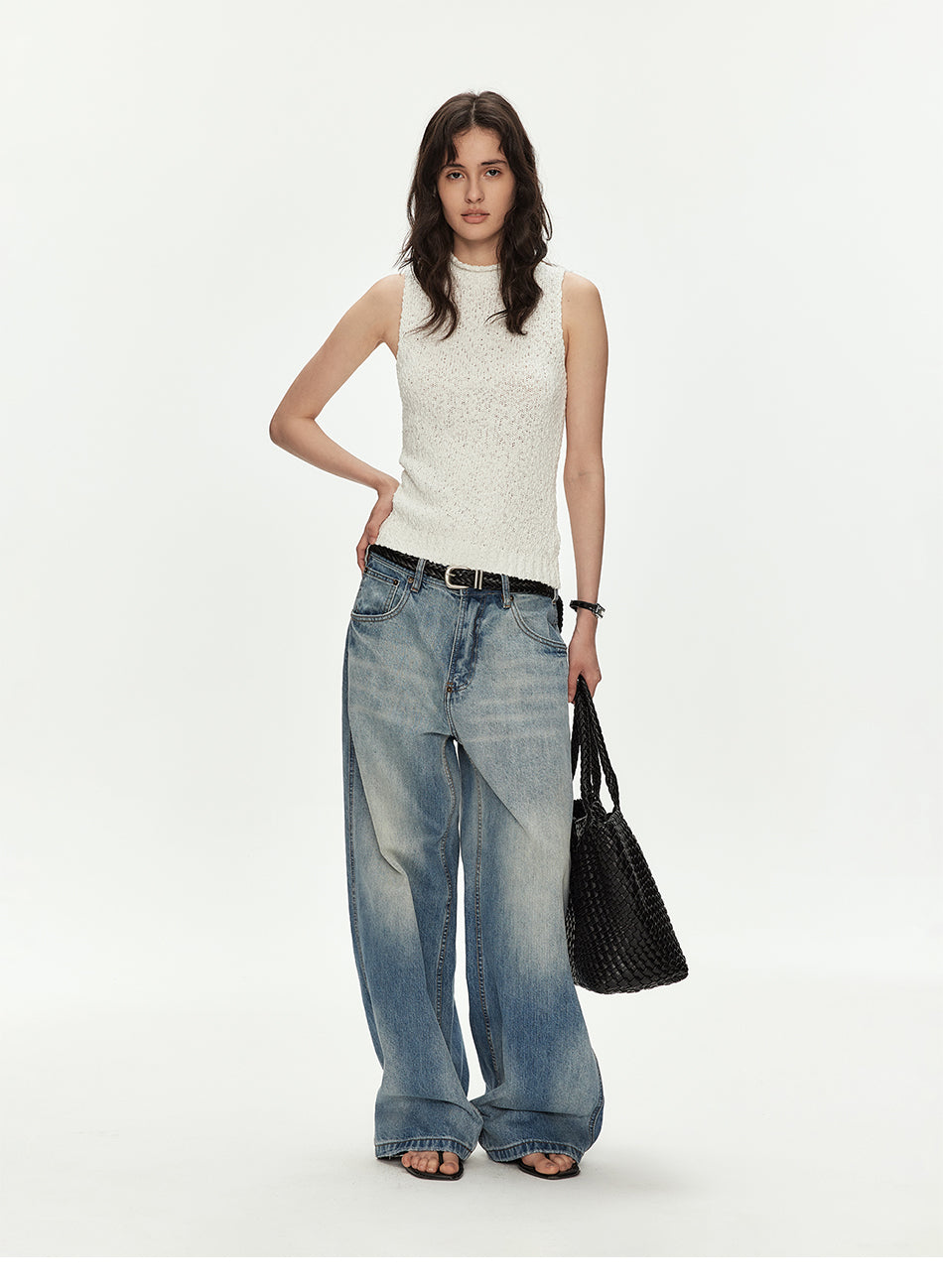 MADWITCH TEXTURED OPEN KNIT MOCK NECK VEST #MYCB017