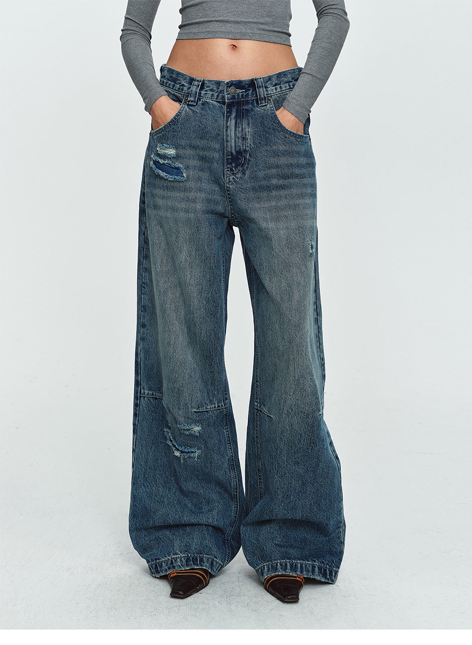 MADWITCH CONTRAST-STITCH WAXED-BLACK WIDE-LEG JEANS #GPC9859