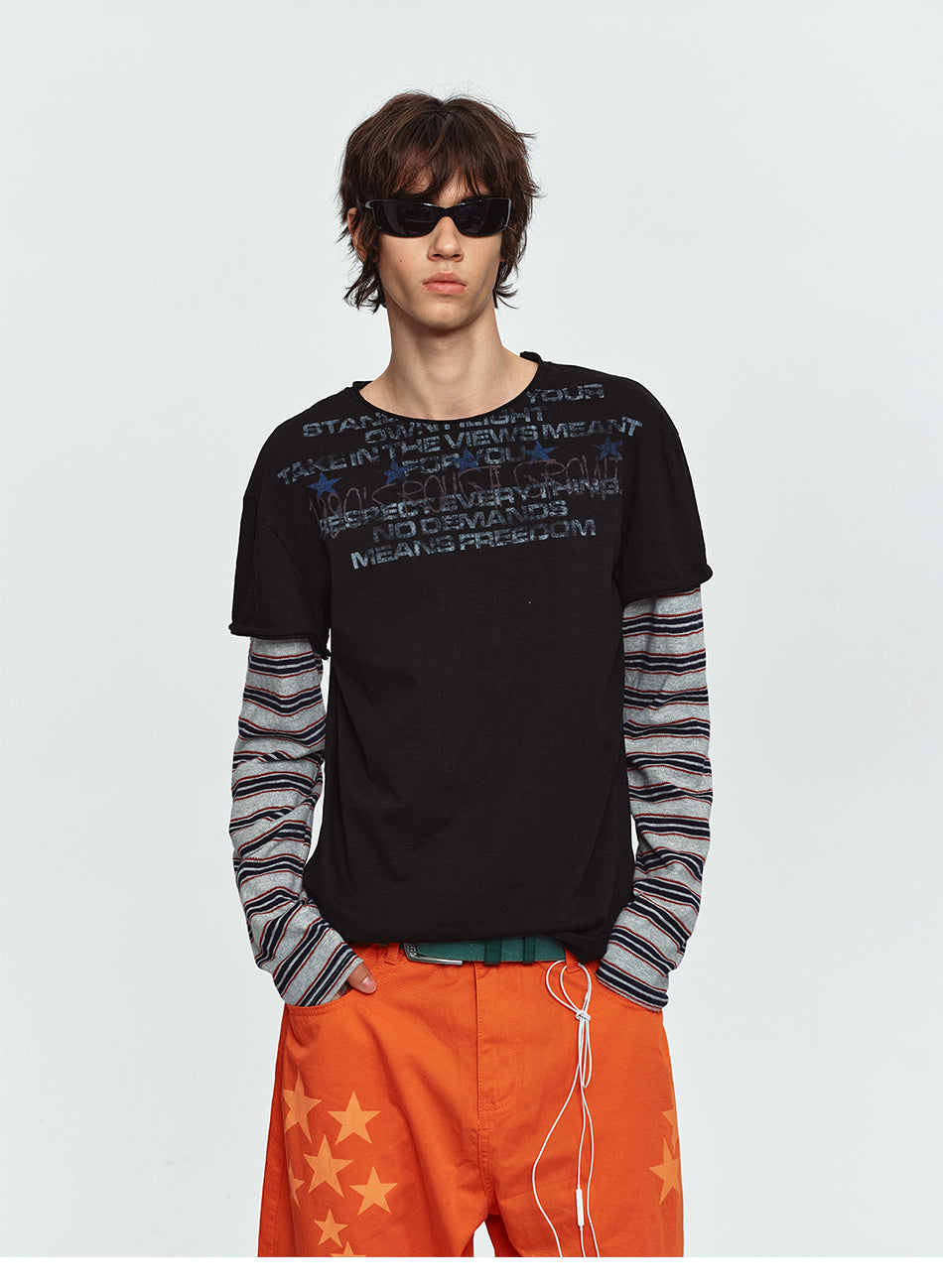 MADWITCH STRIPED-LAYERED LETTER-PRINT LONG-SLEEVE T-SHIRT #TC186