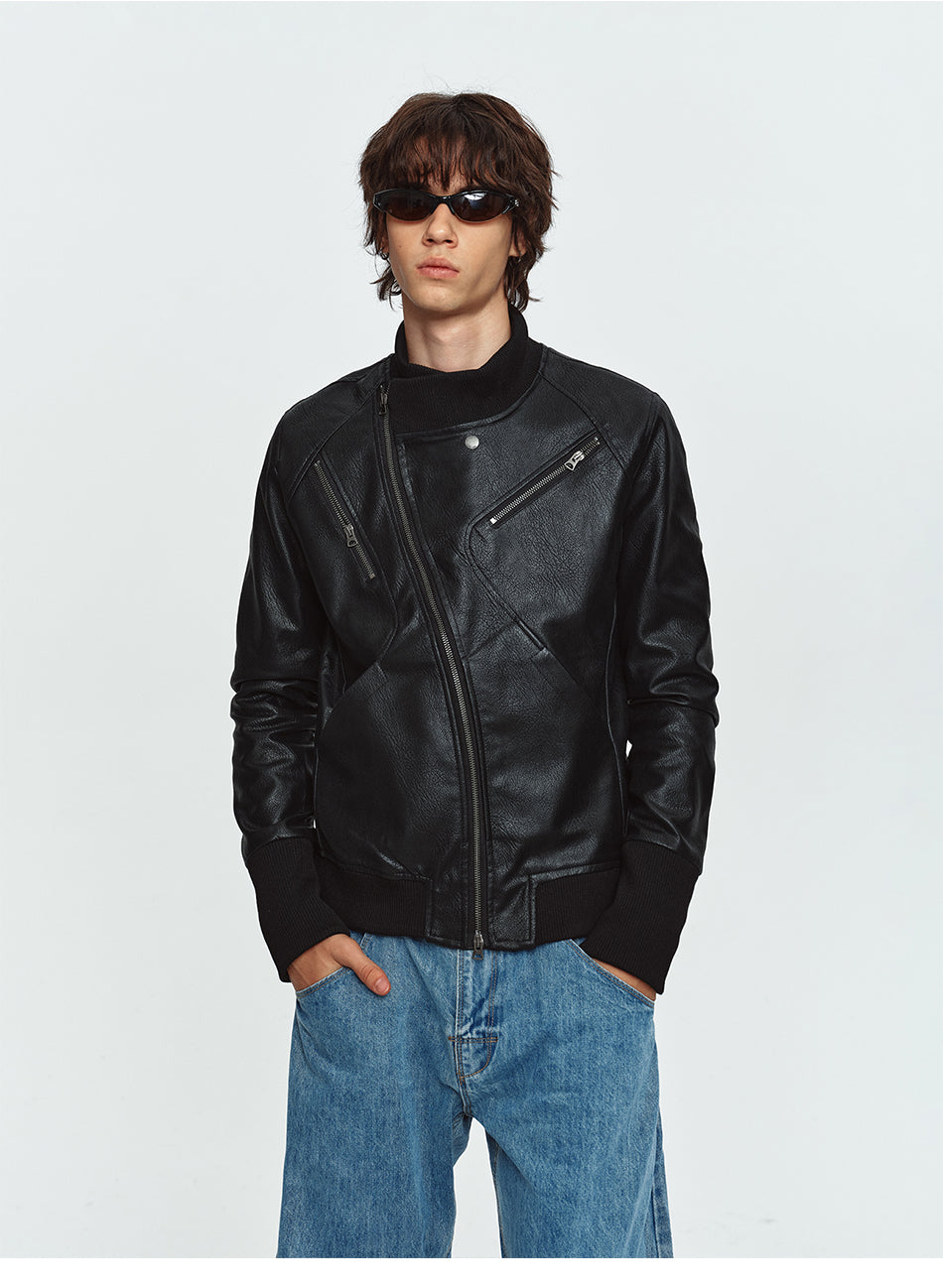 MADWITCH ASYMMETRICAL-ZIP STAND-COLLAR FAUX-LEATHER MOTO JACKET #CW1373N