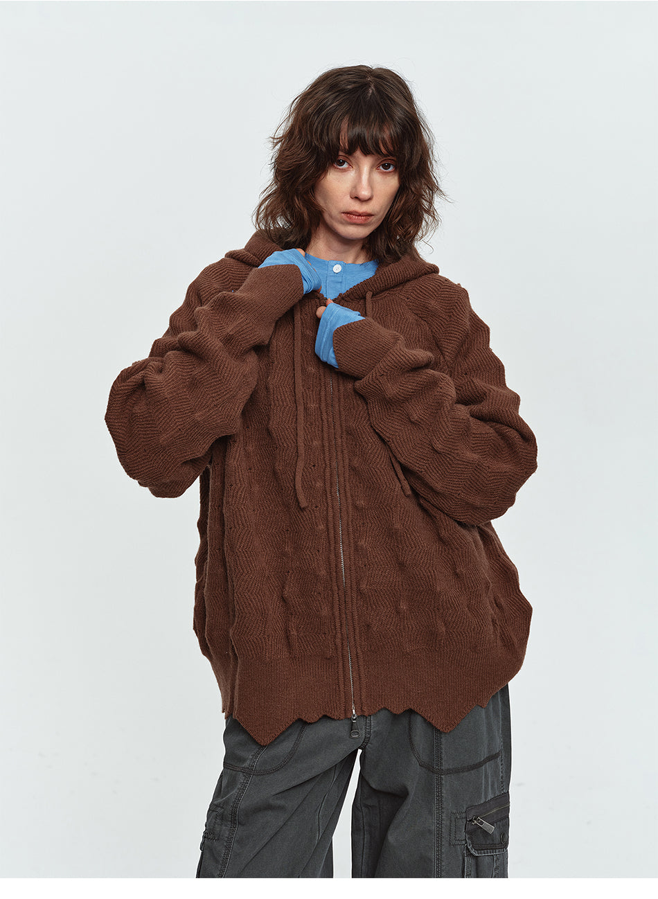 MADWITCH ASYMMETRIC CABLE-KNIT HOODED CARDIGAN #L2026708