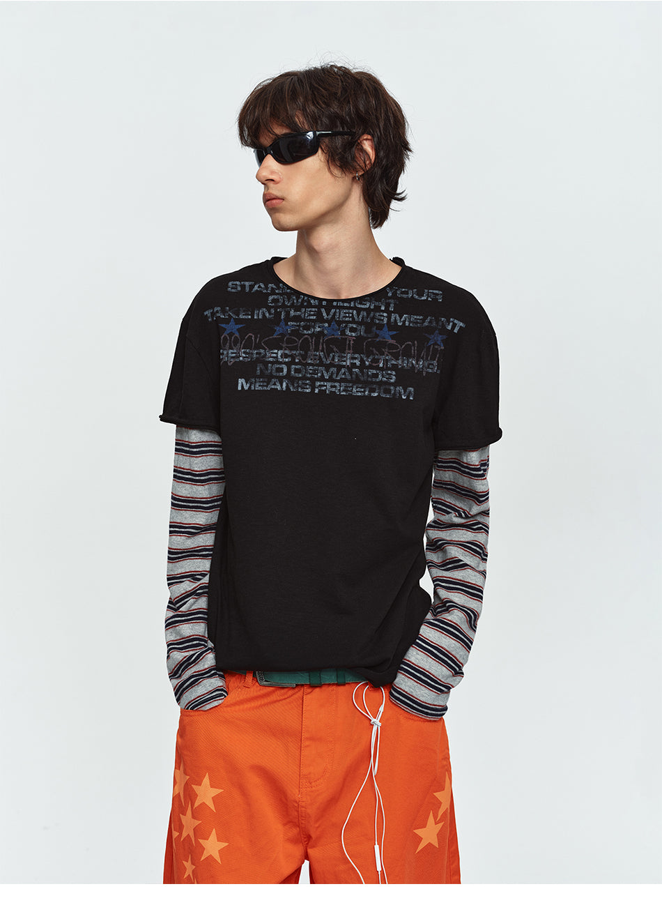 MADWITCH STRIPED-LAYERED LETTER-PRINT LONG-SLEEVE T-SHIRT #TC186