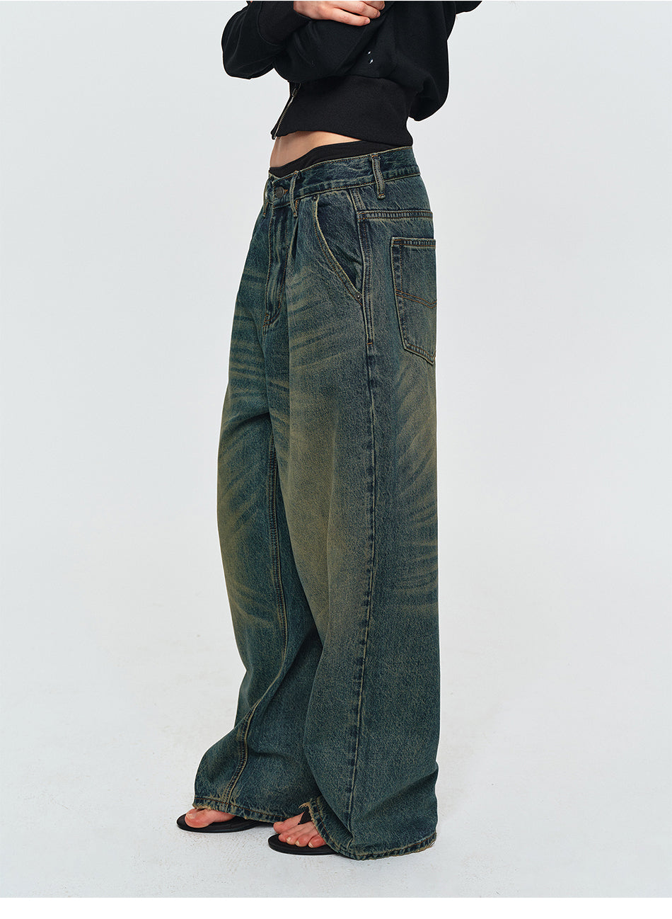 MADWITCH DOUBLE-PLEATED WASHED WIDE-LEG JEANS #CK9853