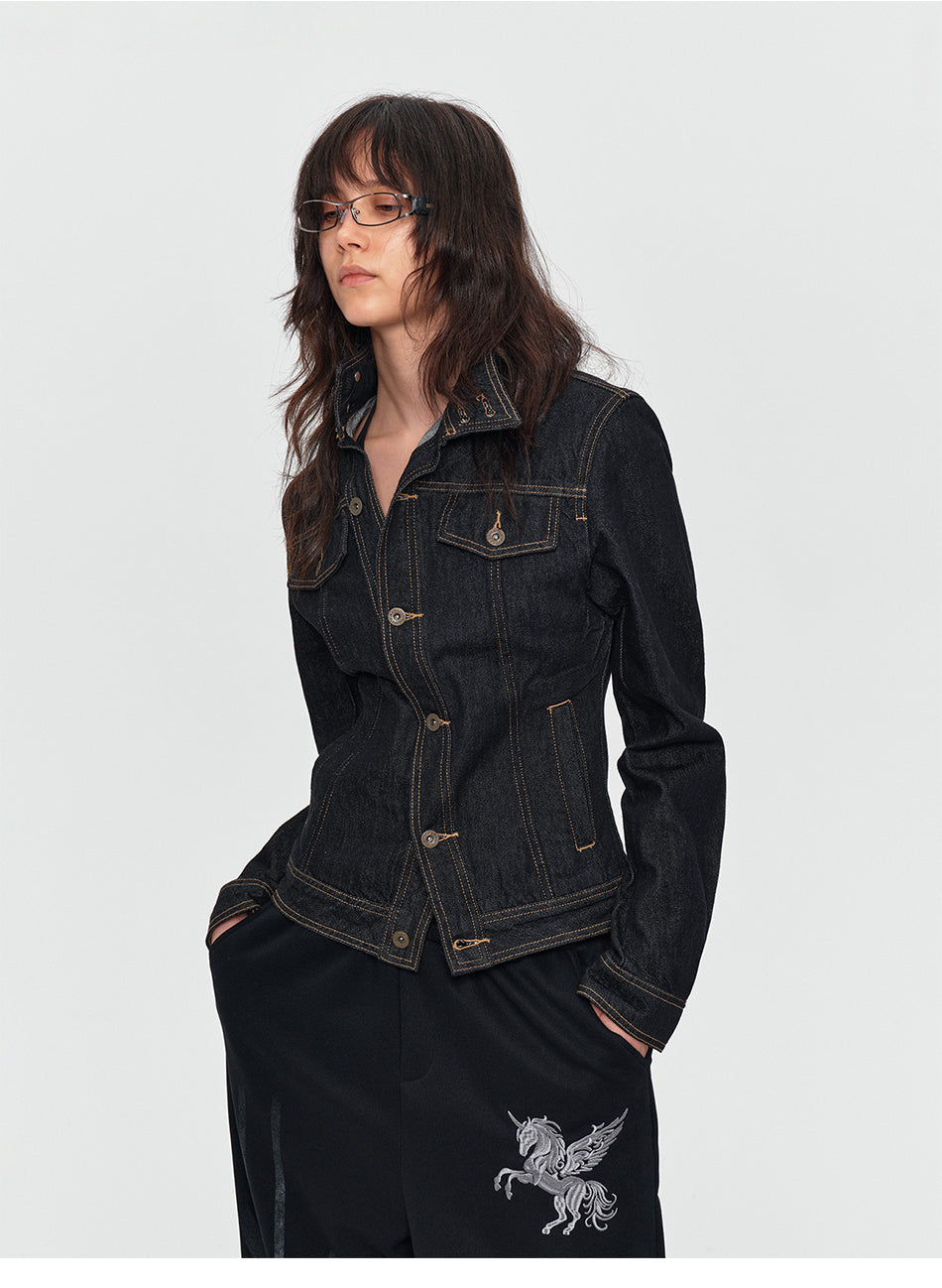 MADWITCH CONTRAST-STITCH CROPPED DENIM JACKET #Z1649