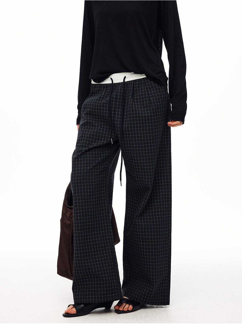 MADWITCH VINTAGE PLAID DRAWSTRING WIDE-LEG PANTS #CK61051