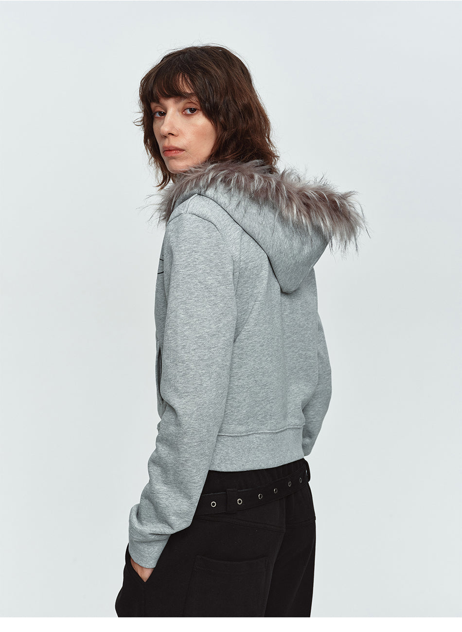 MADWITCH RHINESTONE-SCRIPT FAUX-FUR TRIM CROPPED ZIP HOODIE #L2026585