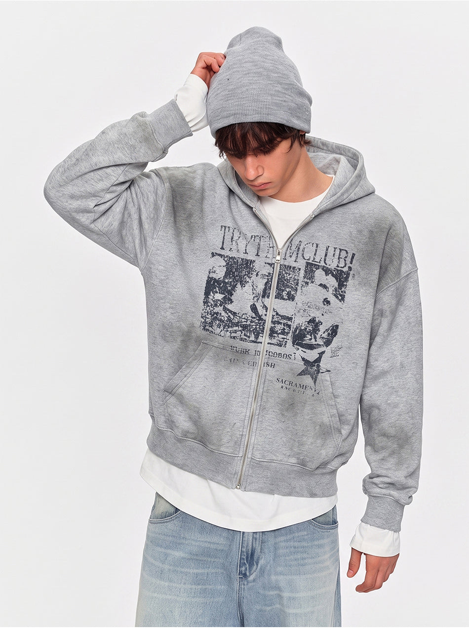 MADWITCH RECORD-PRINT WASHED ZIP HOODIE #27560
