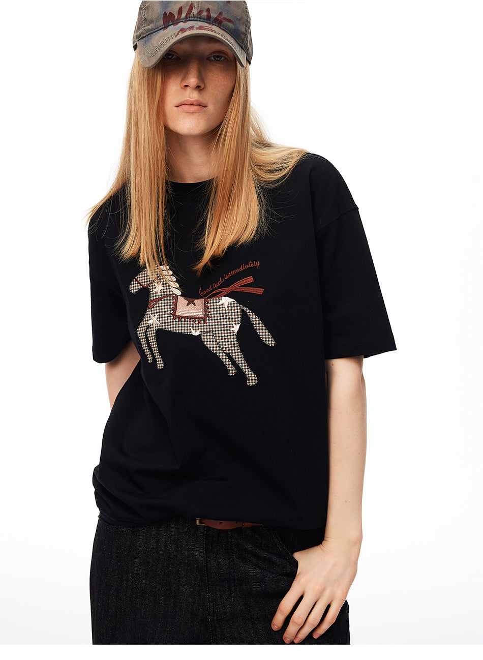 MADWITCH PLAID HORSE PATCH EMBROIDERED TEE #880898