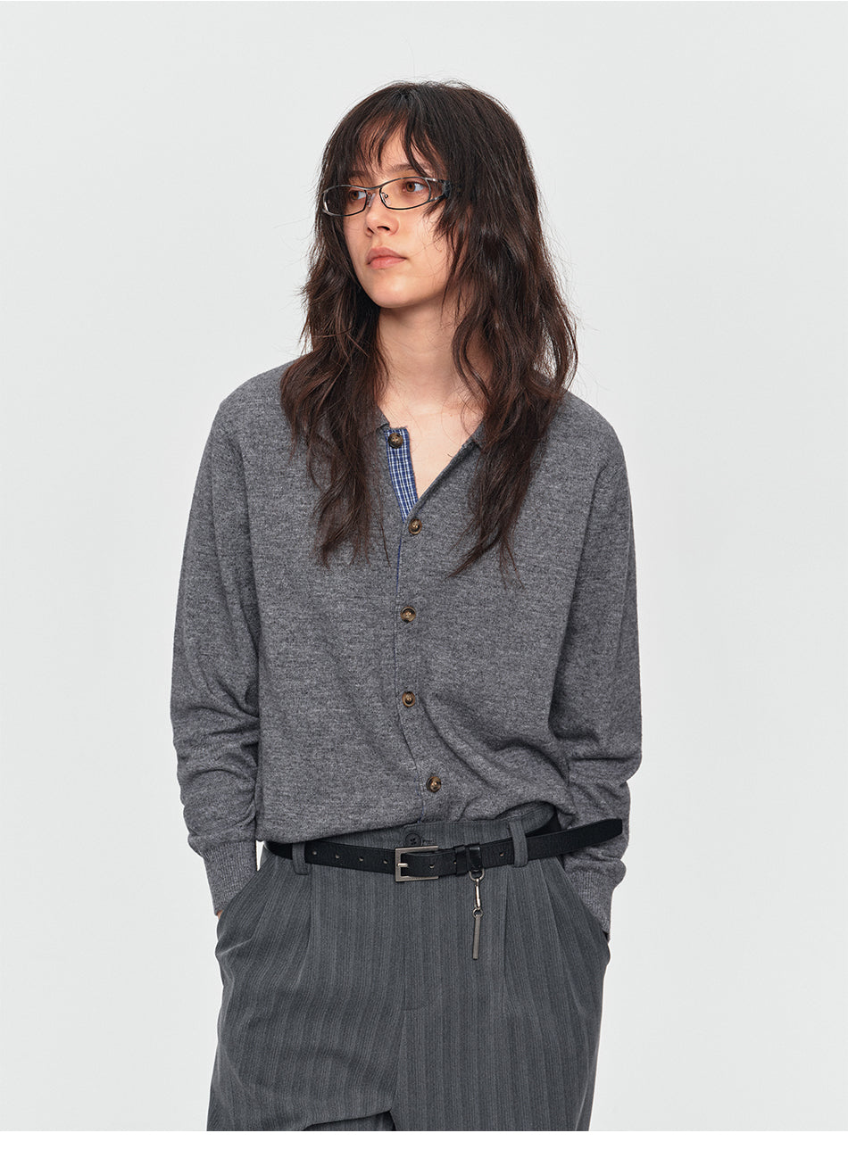 MADWITCH CONTRAST-PLACKET PLAID WOOL-BLEND CARDIGAN #11888