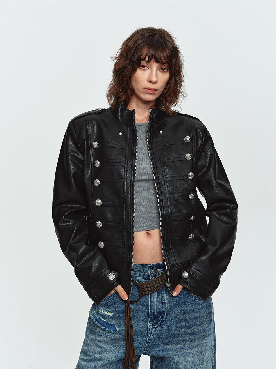 MADWITCH NAPOLEON-BUTTON CROPPED LEATHER BIKER JACKET #AW26188
