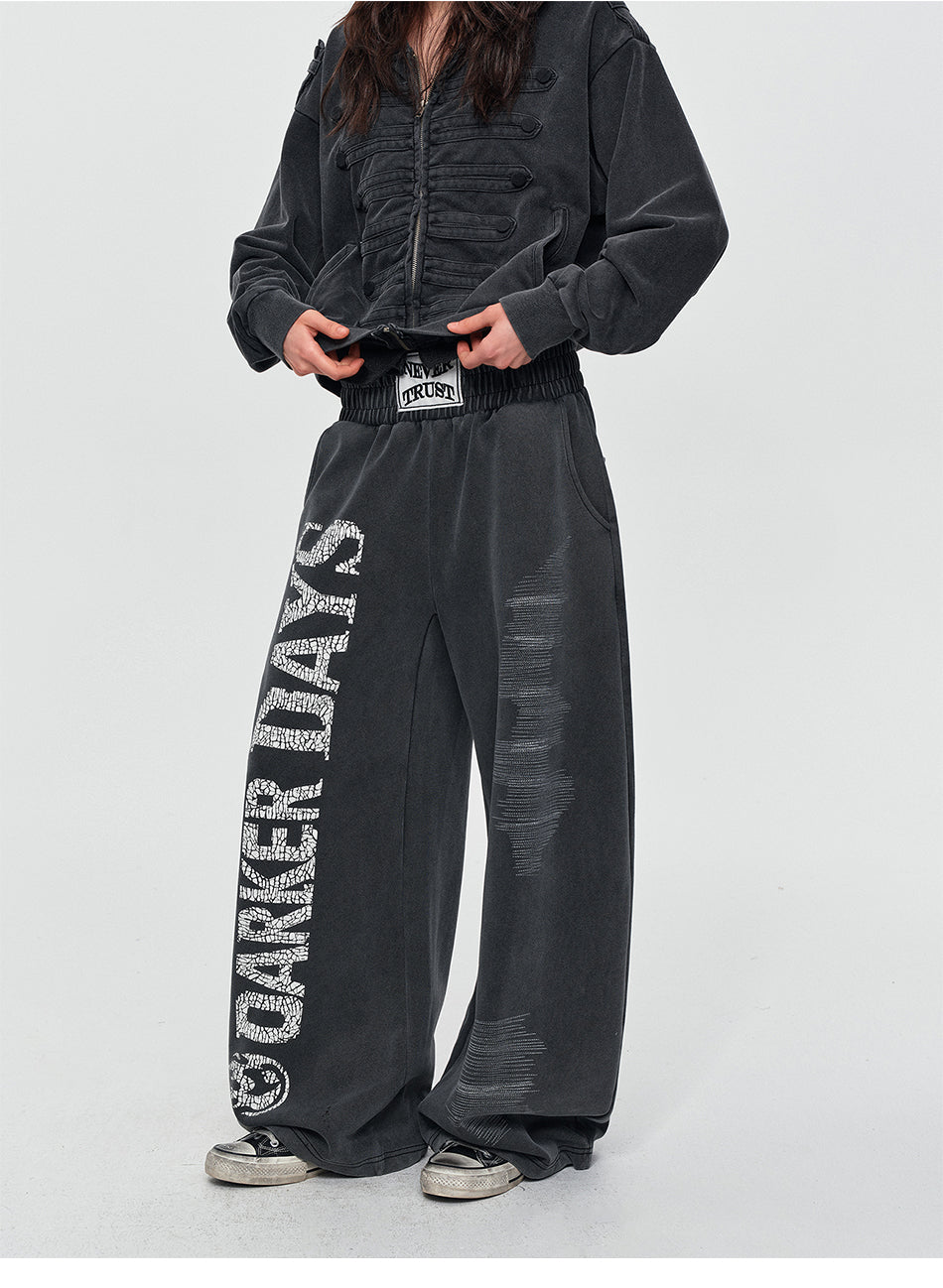MADWITCH CRACKED-PRINT WASHED SWEATPANTS #H6797