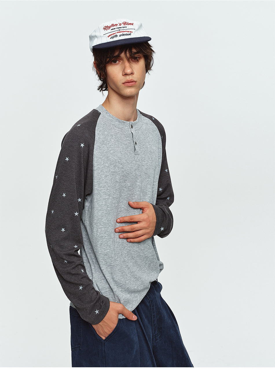 MADWITCH STAR-PRINT COLOR-BLOCK RAGLAN HENLEY TEE #2607TX5113