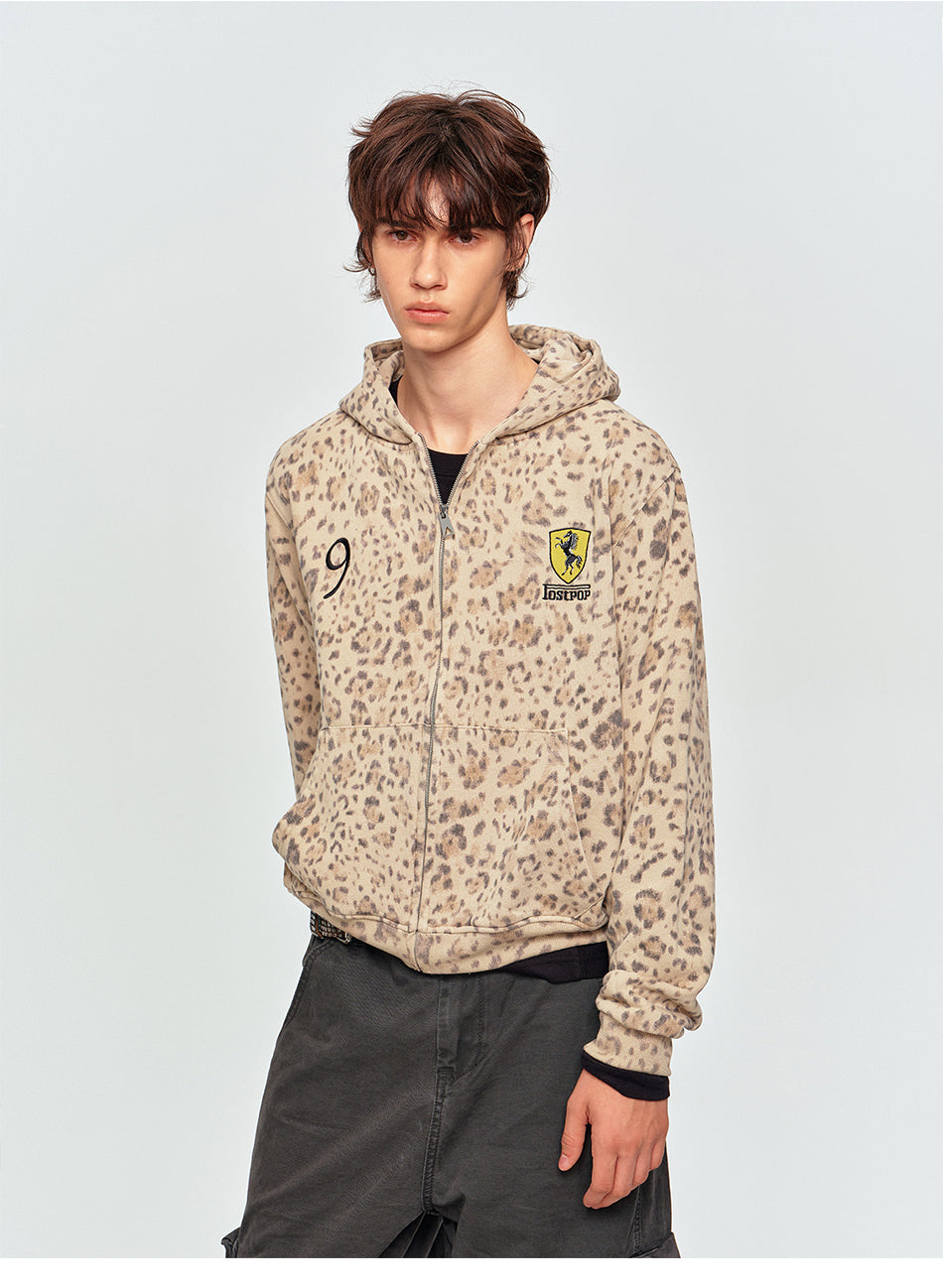 MADWITCH LEOPARD-PRINT EMBROIDERED CROPPED ZIP HOODIE #2604WY7021