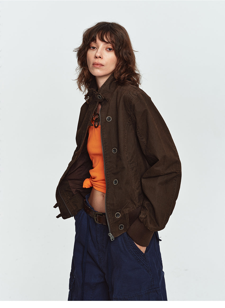 MADWITCH DRAWSTRING-BACK CROPPED STAND-COLLAR JACKET #N605