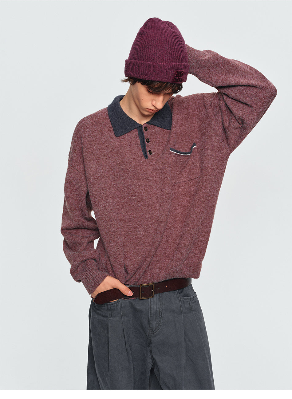 MADWITCH MARLED CONTRAST-COLLAR POLO SWEATER #AW26823