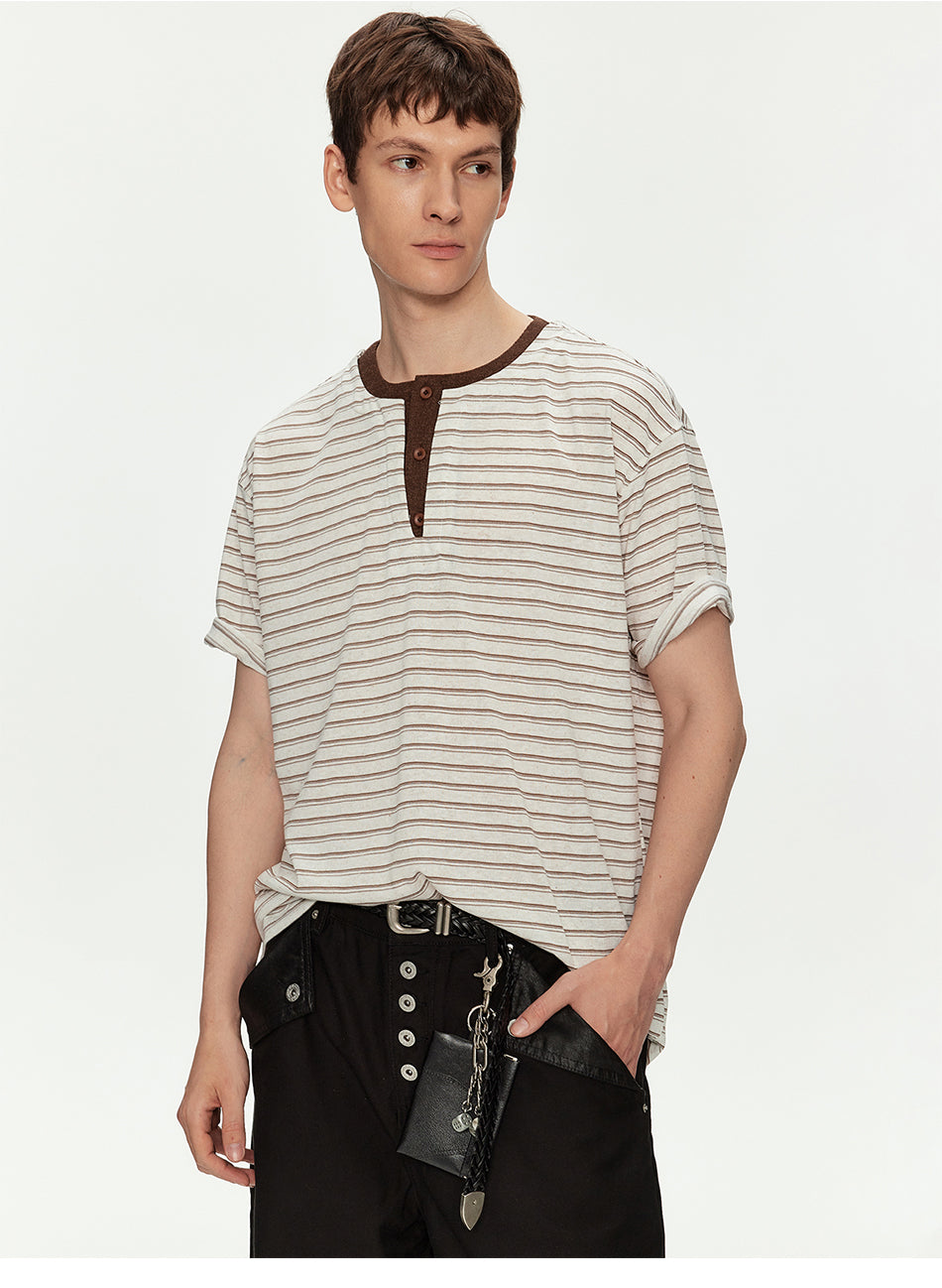 MADWITCH LINEN HENLEY STRIPE TEE #991382