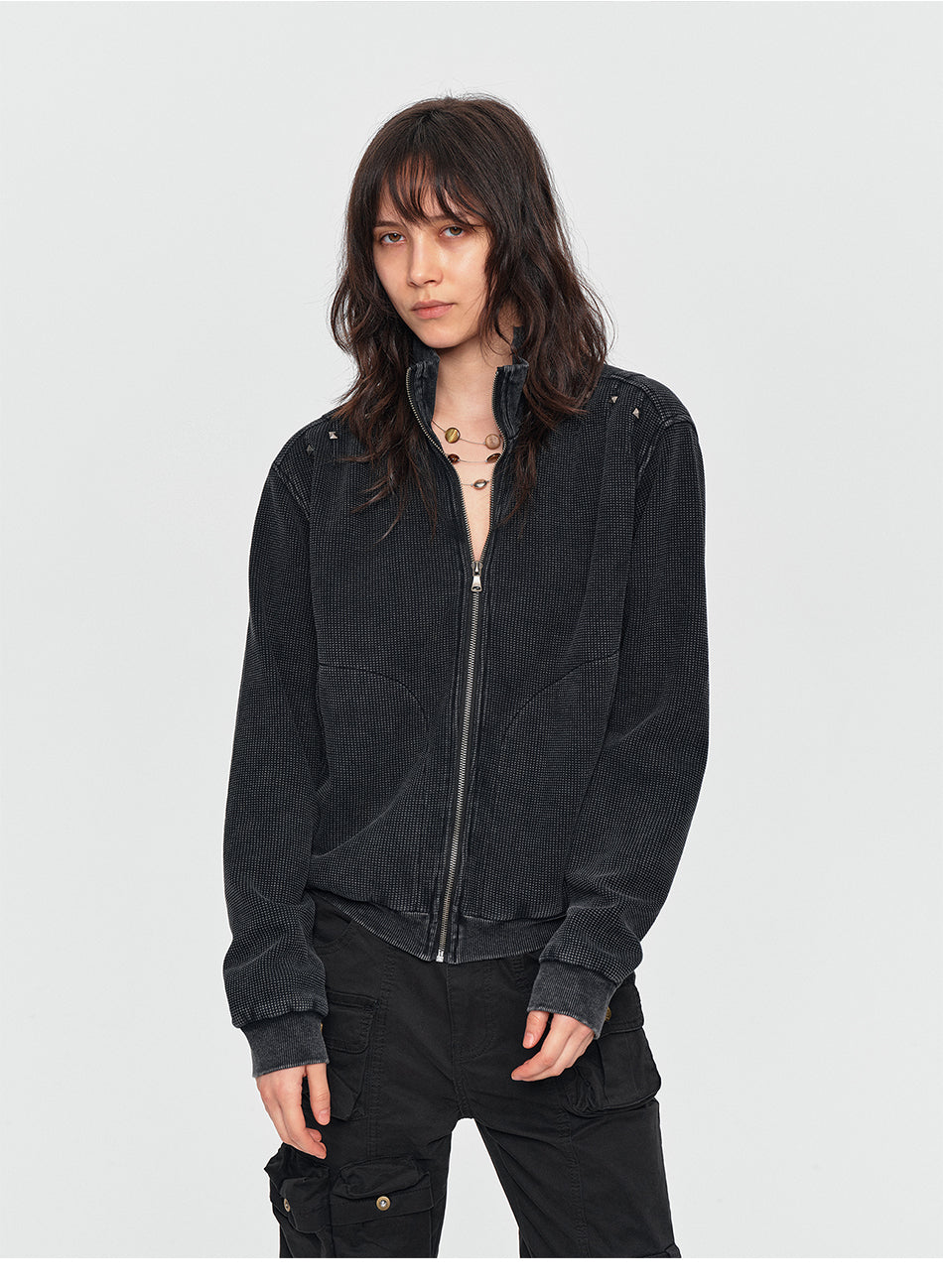 MADWITCH STUDDED WASHED-TEXTURE STAND-COLLAR CROPPED JACKET #2606WT5098