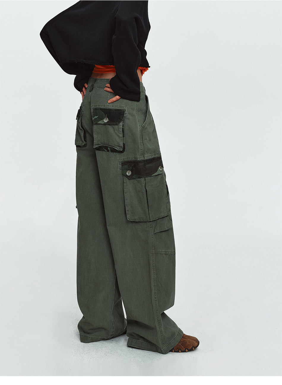 MADWITCH PLEATED CAMO-PATCHWORK WASHED CARGO PANTS #6851