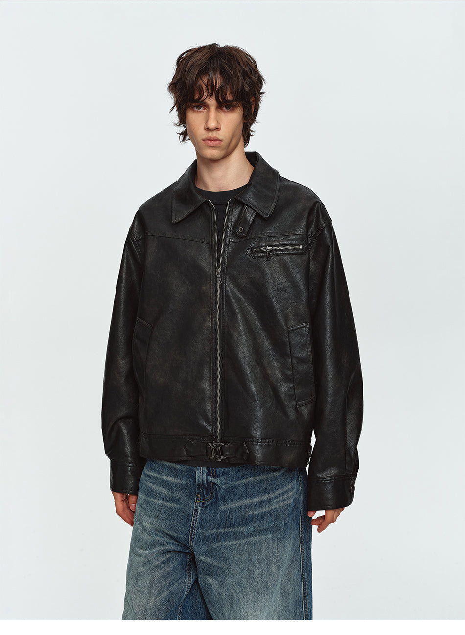 MADWITCH BURNISHED COLLARED CROPPED FAUX-LEATHER UTILITY JACKET #991521