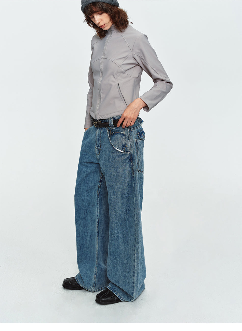 MADWITCH CINCH-BACK LIGHT-WASH CURVED-LEG JEANS #G60081