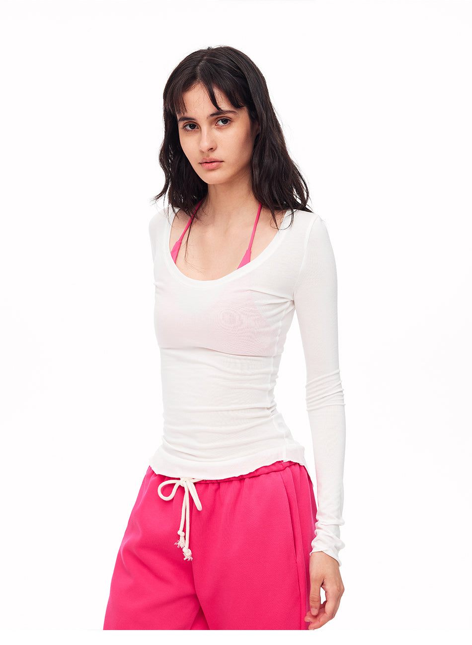 MADWITCH MINIMALIST U-NECK TENCEL LONG-SLEEVE T-SHIRT #G2110