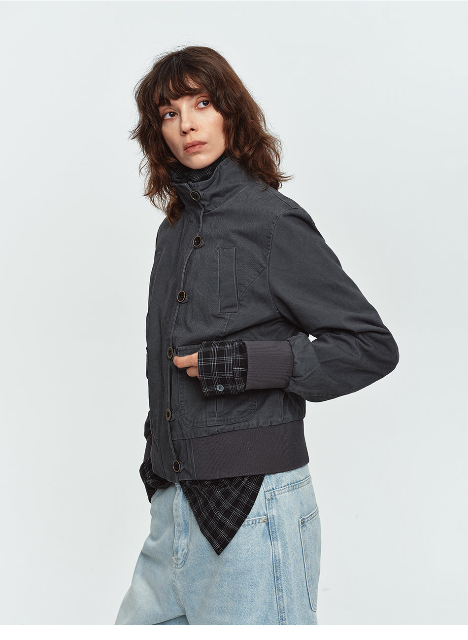 MADWITCH WASHED DISTRESSED MULTI-POCKET STAND-COLLAR CROPPED UTILITY JACKET #N606