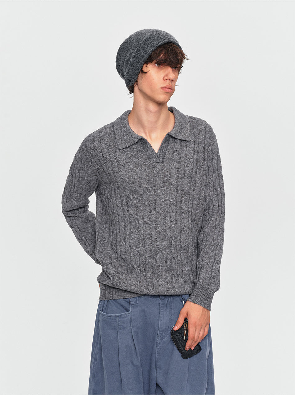 MADWITCH TEXTURED CABLE-KNIT WOOL-BLEND POLO SWEATER #11892