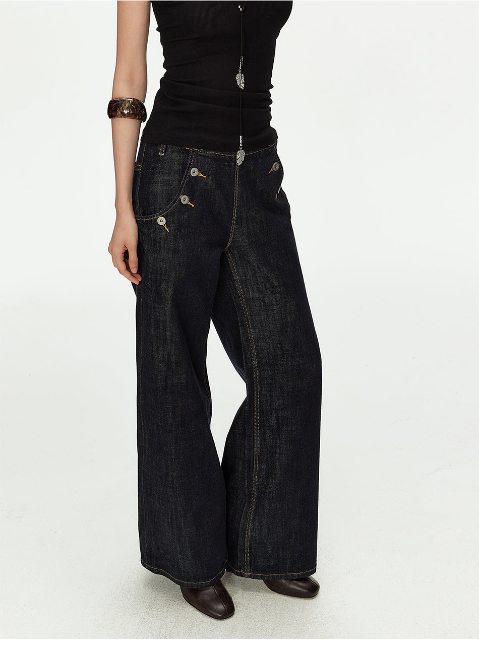 MADWITCH VINTAGE BUTTON SIDE WIDE JEANS #GPC9816N