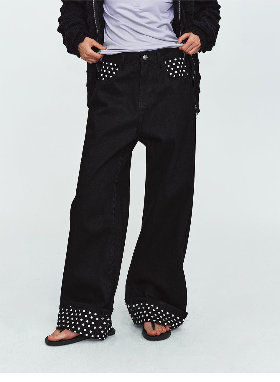 MADWITCH POLKA-DOT PATCHWORK CUFFED WIDE-LEG JEANS #G60087