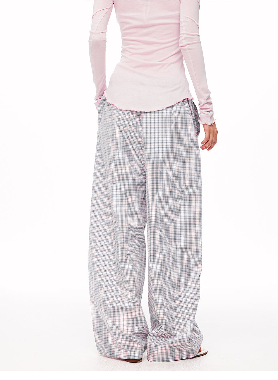 MADWITCH MINIMALIST PLAID DRAWSTRING WIDE-LEG PANTS #CK61081