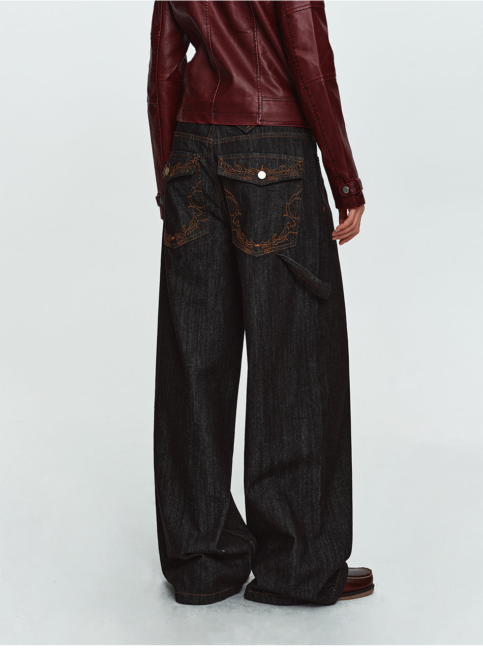MADWITCH BACK-EMBROIDERED RAW-DENIM WIDE-LEG JEANS #DR8219