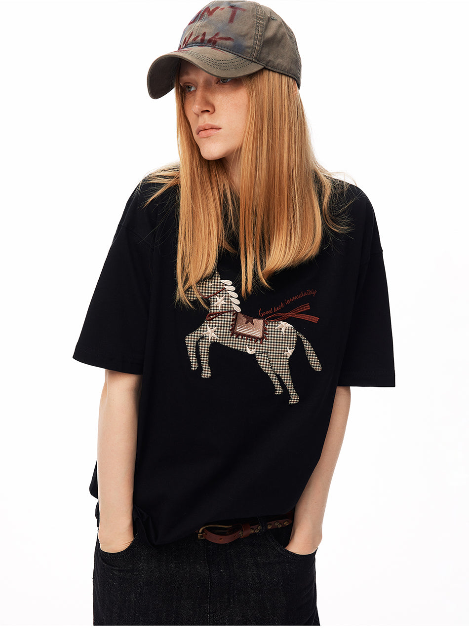 MADWITCH PLAID HORSE PATCH EMBROIDERED TEE #880898