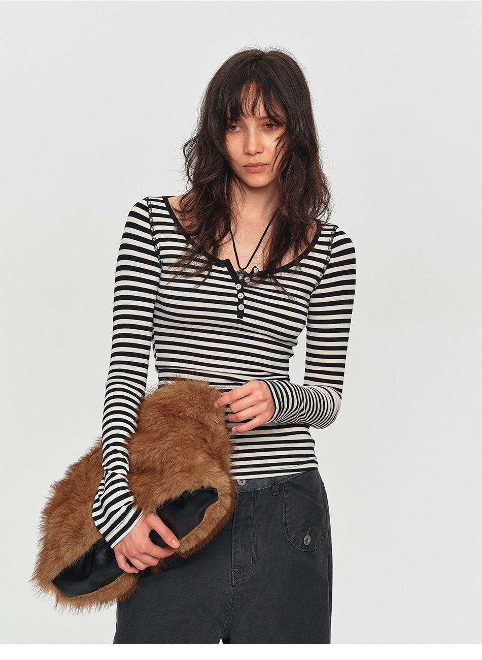 MADWITCH STRIPED LYOCELL HENLEY TEE #L2026530