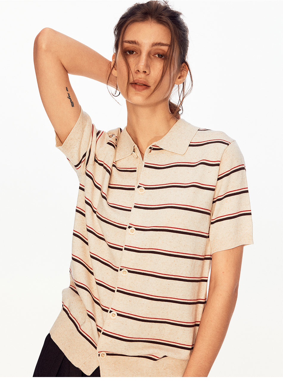 MADWITCH STRIPED LINEN POLO TEE #68693