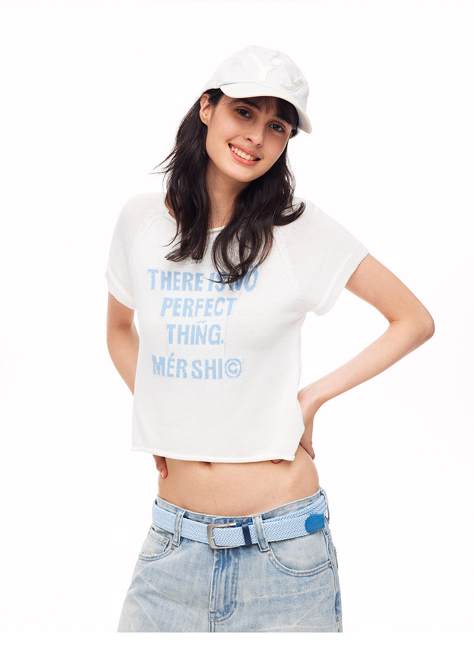 MADWITCH LETTER JACQUARD RIBBED CROPPED KNIT TEE #8787