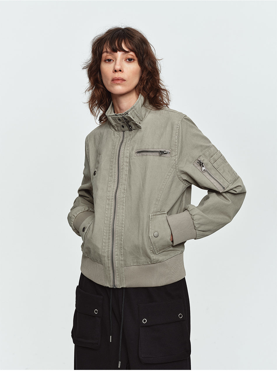MADWITCH BUCKLED-COLLAR MULTI-POCKET WASHED CROPPED JACKET #N607