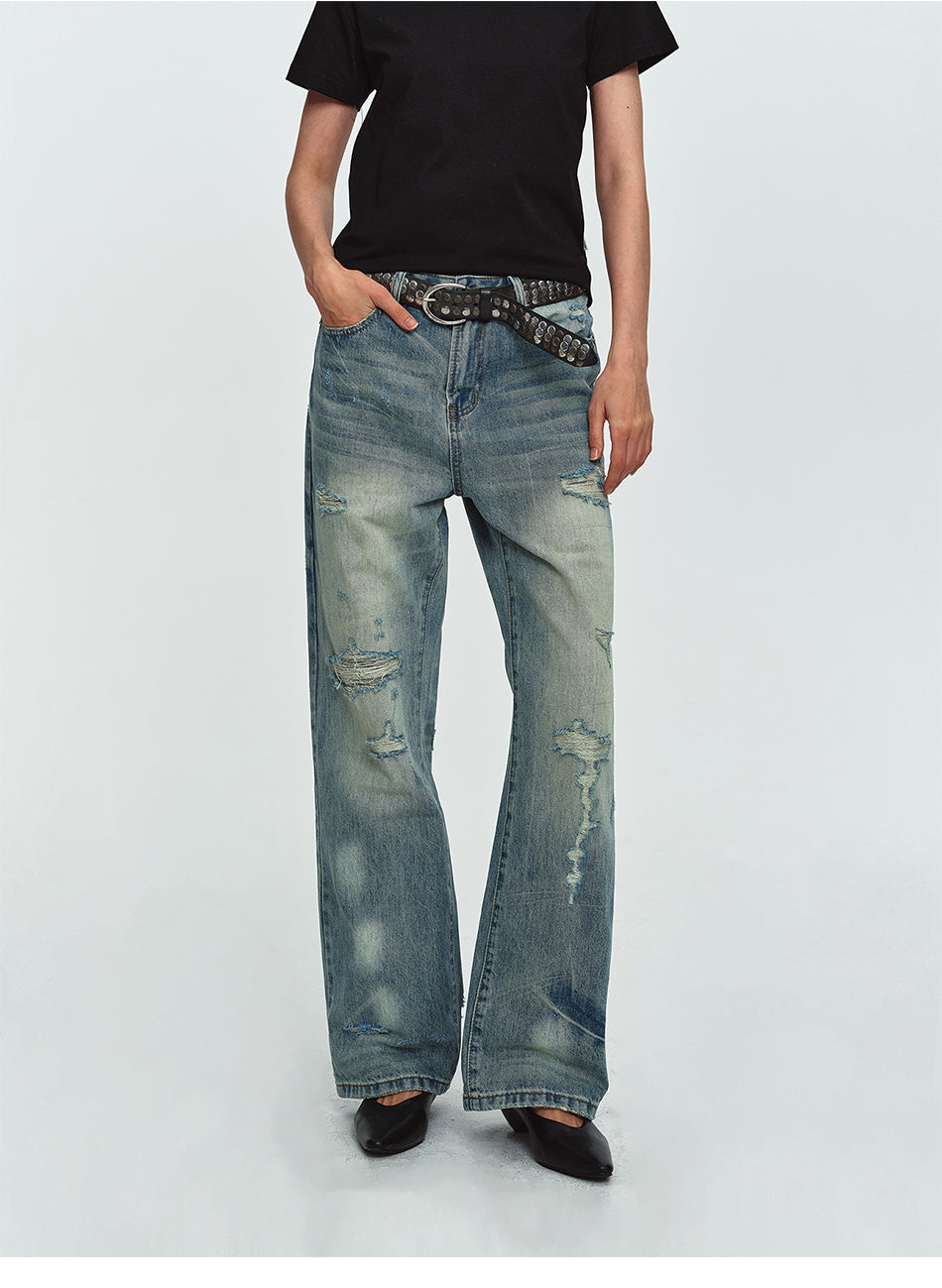 MADWITCH DISTRESSED WASHED WIDE-LEG JEANS #G60064