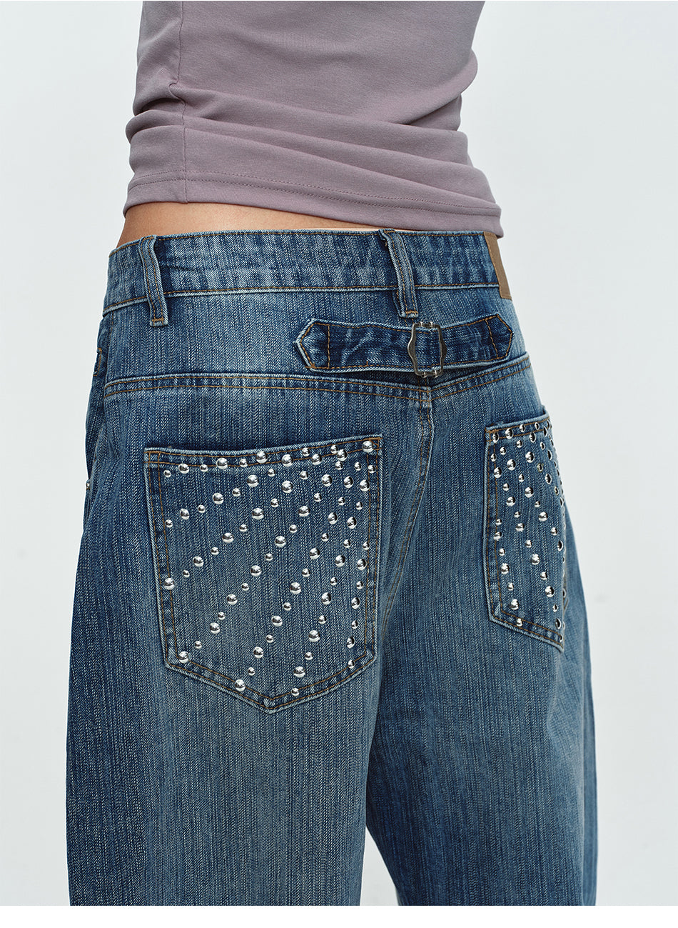 MADWITCH CINCH-BACK STUDDED CURVED-LEG JEANS #G60083