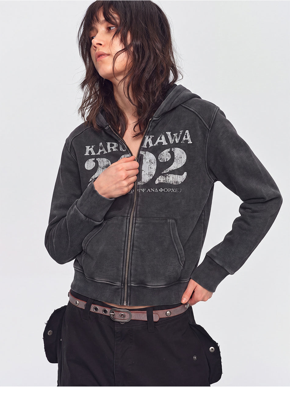 MADWITCH CRACKED-PRINT WASHED ZIP HOODIE #CW1375N