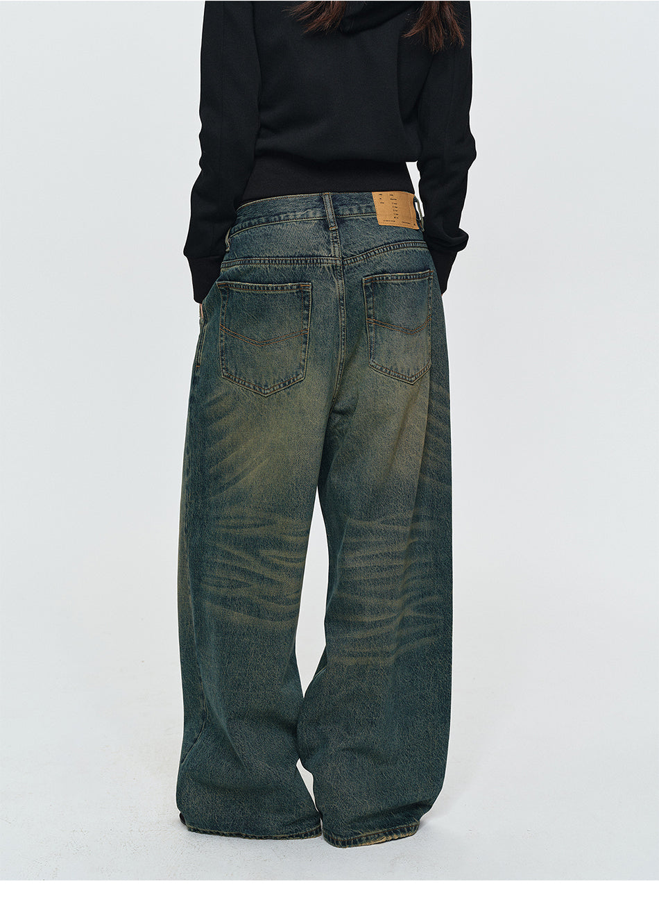 MADWITCH DOUBLE-PLEATED WASHED WIDE-LEG JEANS #CK9853