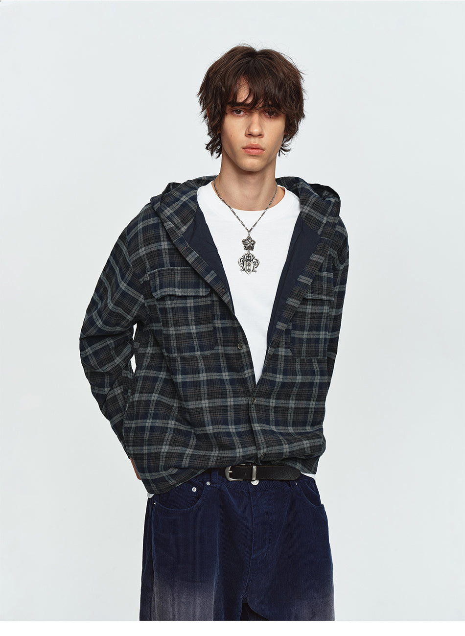 MADWITCH HOODED PLAID SHIRT JACKET #N2089