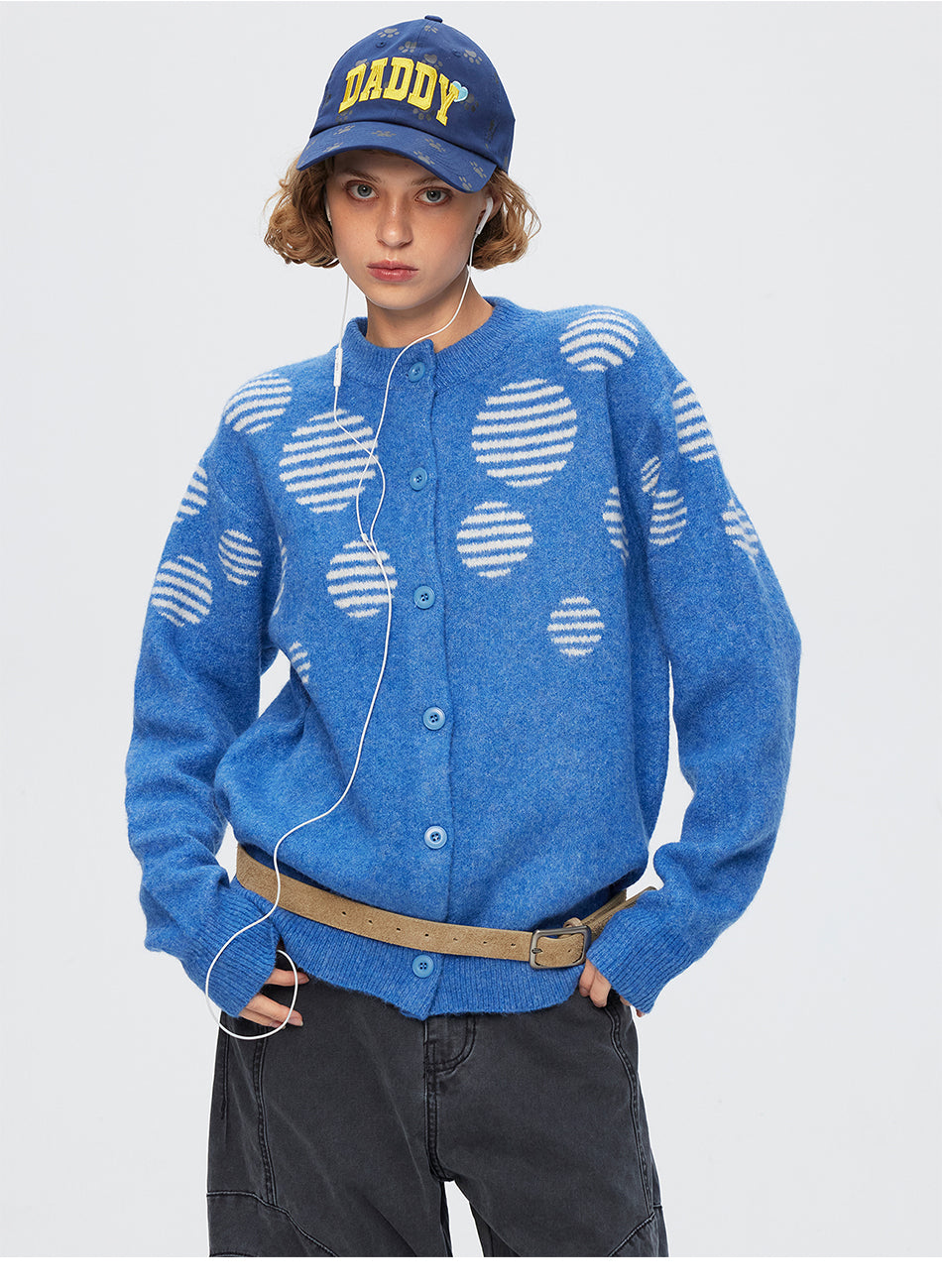 MADWITCH POLKA-DOT JACQUARD CREWNECK RELAXED BUTTON CARDIGAN #27630
