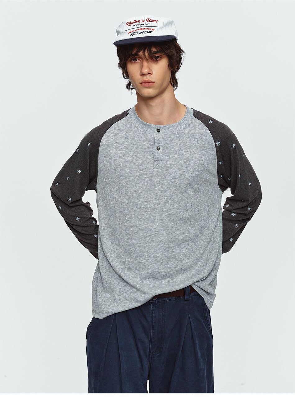 MADWITCH STAR-PRINT COLOR-BLOCK RAGLAN HENLEY TEE #2607TX5113