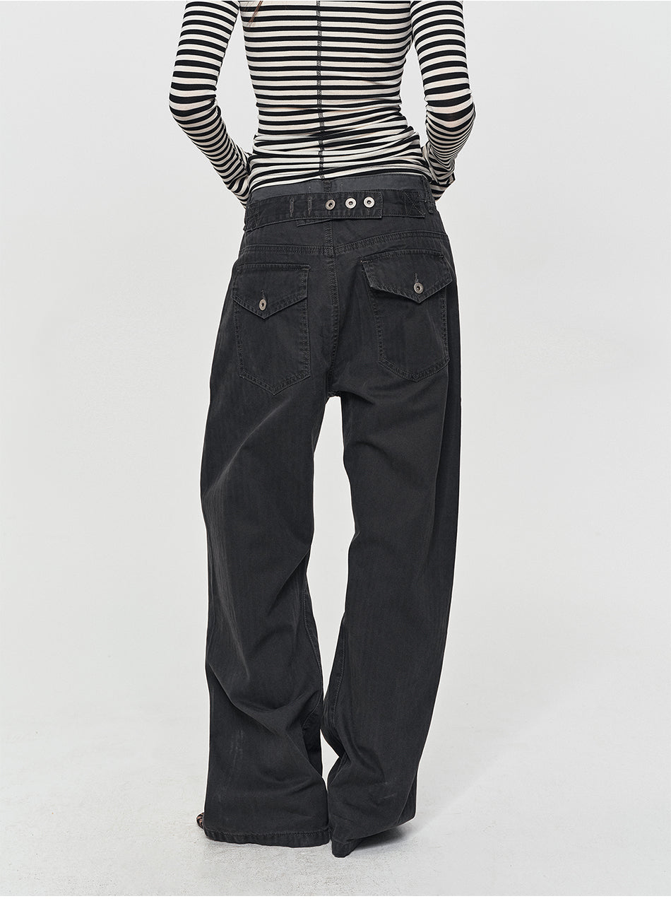 MADWITCH CONTRAST-WAIST FLAP-POCKET CARGO PANTS #Z071