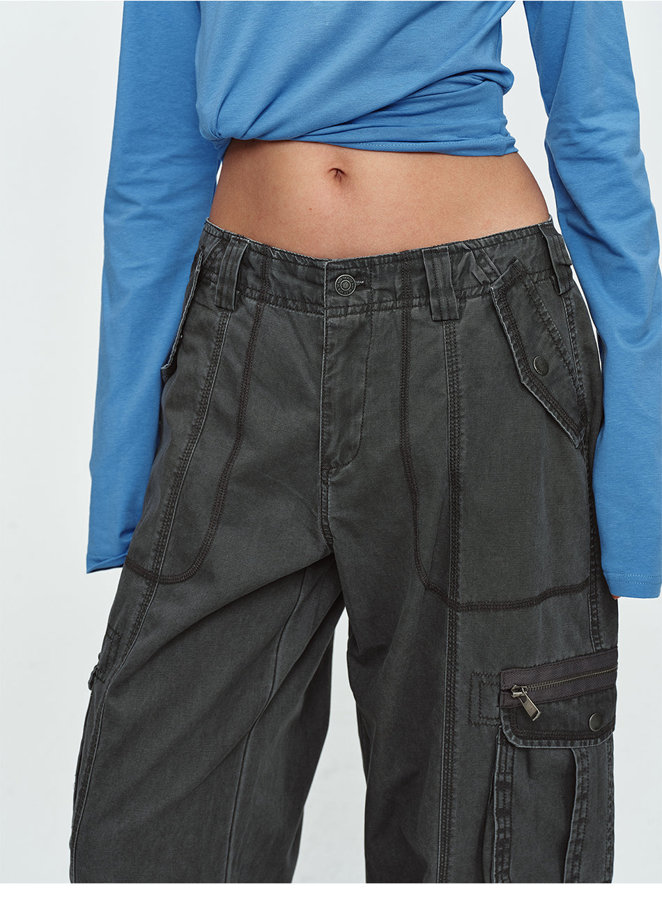 MADWITCH WASHED CONTRAST-STITCH WIDE-LEG CARGO PANTS #GPC61110N