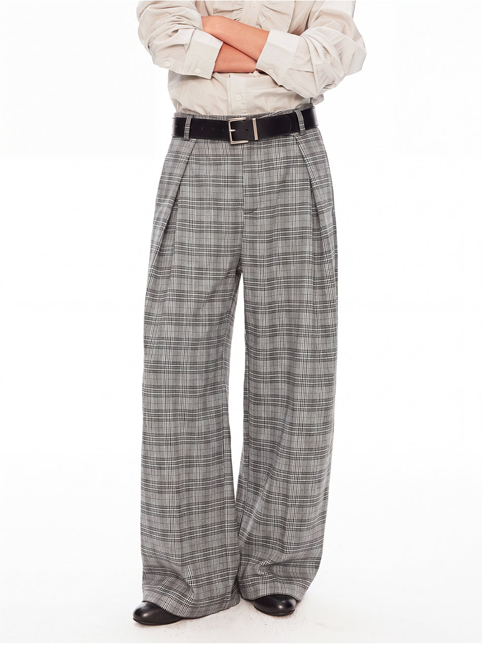 MADWITCH VINTAGE PLAID PLEATED WIDE-LEG TROUSERS #N2198
